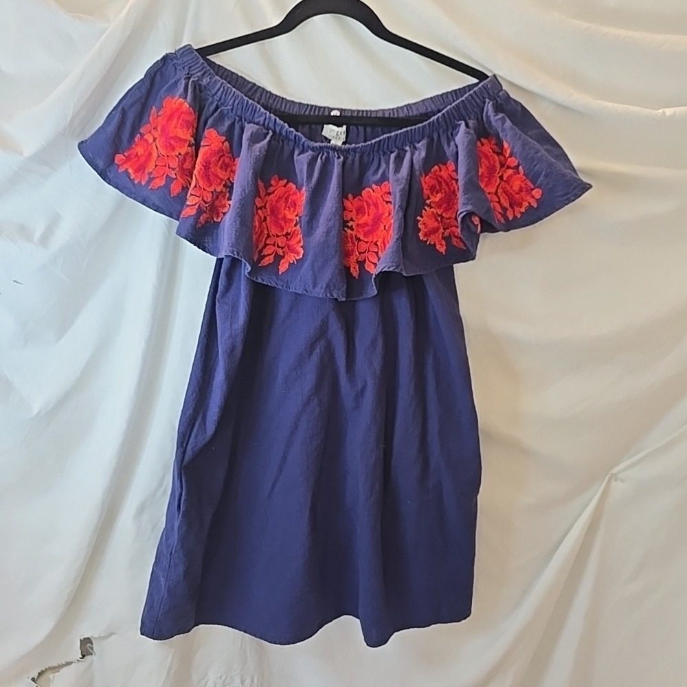 Umgee Women's Floral Embroidered‎ Boho Off-The-Shoulder Dress Blue Tunic Sz L